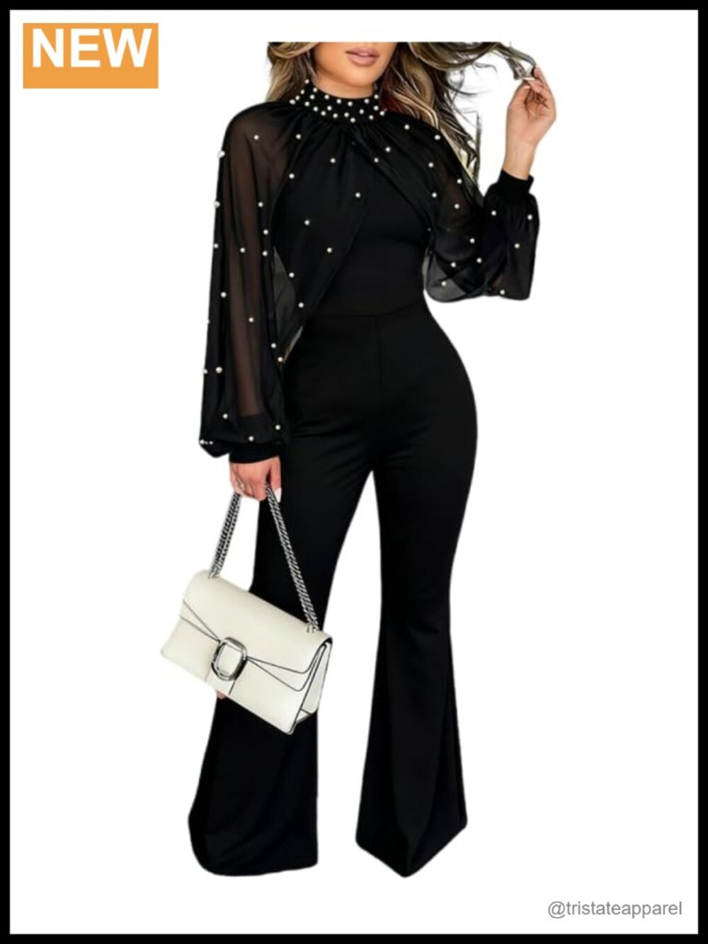 Women's Long Sleeve Jumpsuit Pearl Mock Neck Flared One Piece